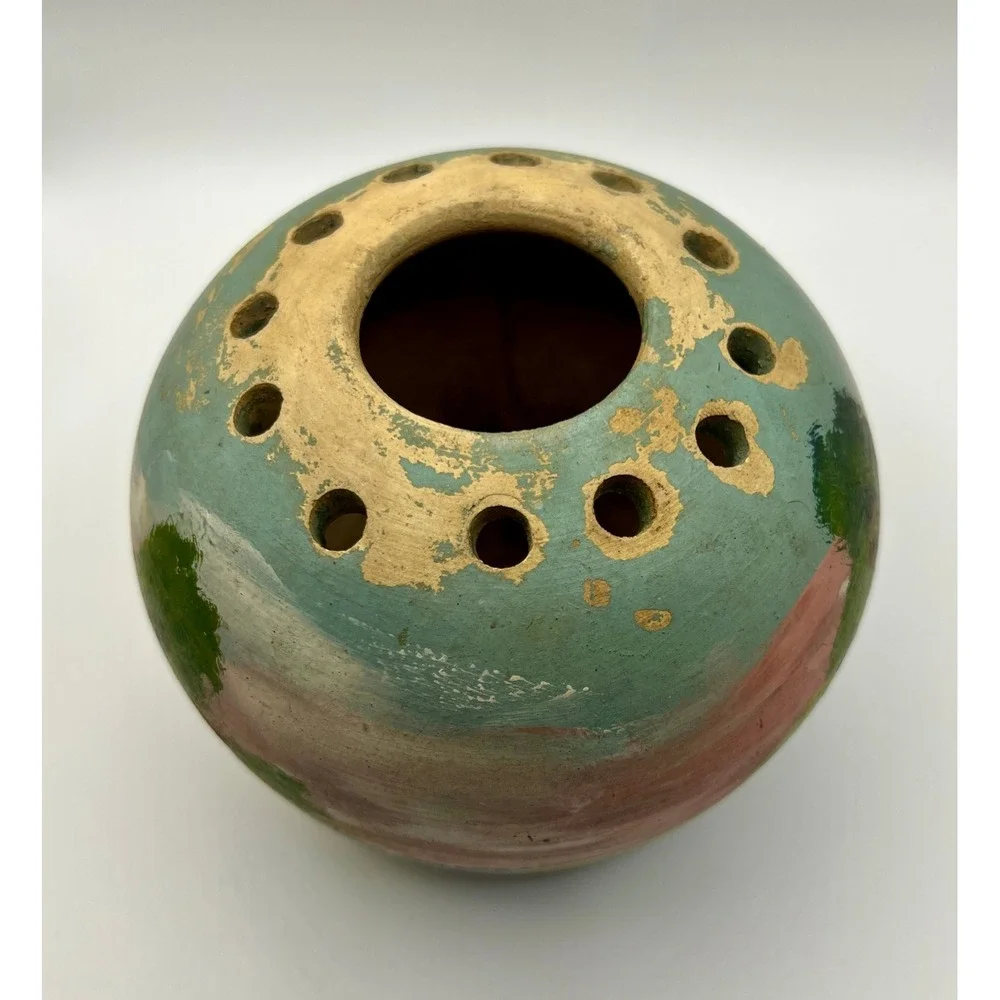 San Juan Art Pottery Flower Frog Vase Small Multicolor Fair Hand Painted Texas